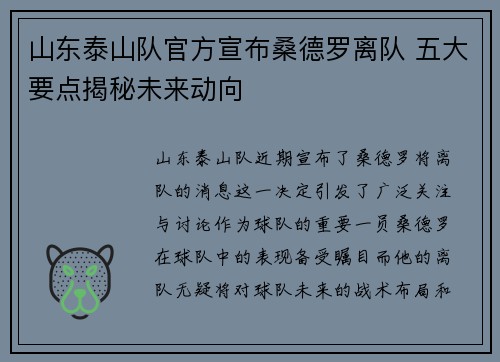 山东泰山队官方宣布桑德罗离队 五大要点揭秘未来动向 山东泰山队官方宣布桑德罗离队 五大要点揭秘未来动向