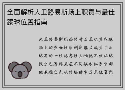 全面解析大卫路易斯场上职责与最佳踢球位置指南 全面解析大卫路易斯场上职责与最佳踢球位置指南