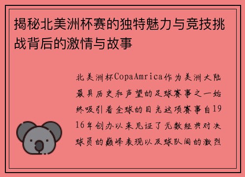 揭秘北美洲杯赛的独特魅力与竞技挑战背后的激情与故事