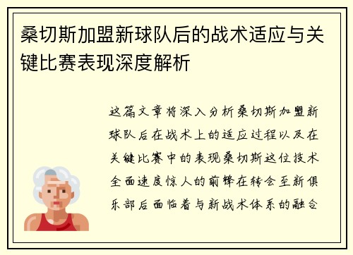 桑切斯加盟新球队后的战术适应与关键比赛表现深度解析